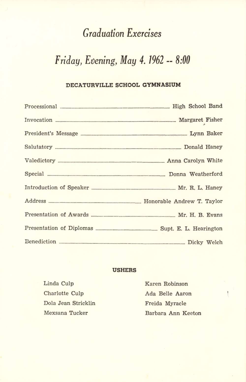 DHS 1962 Graduation Program